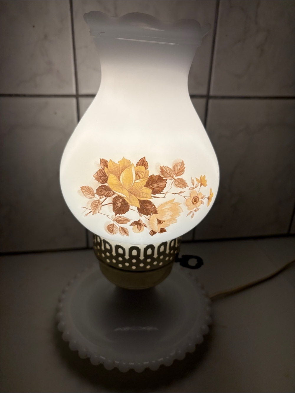 Milk Glass Floral Lantern Table Lamp - White and Yellow